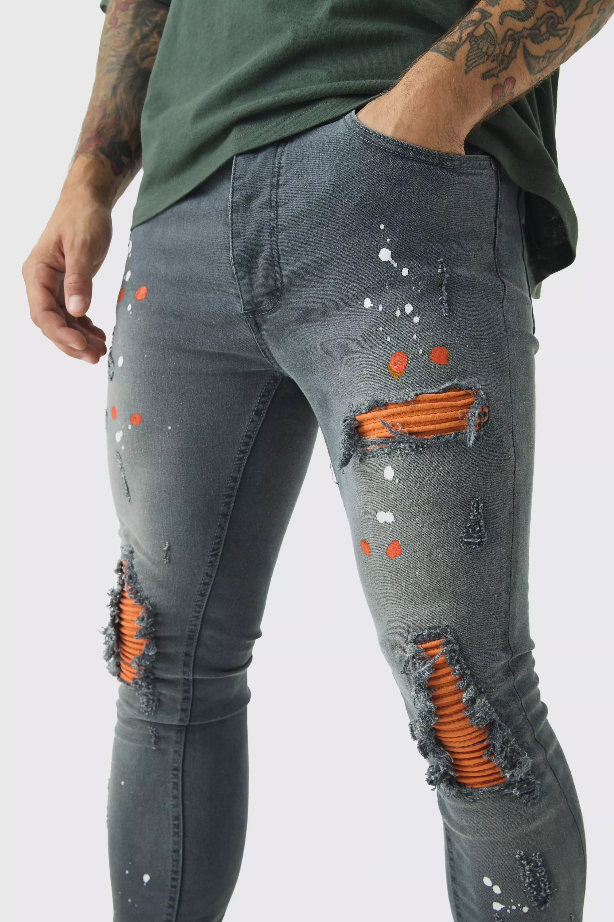 Super Skinny Stretch Biker Rip & Repair Paint Splat Jeans